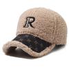 Outono e inverno cordeiro lã letra R stick ball hat moda feminina cara de olhar pequeno inverno quente pelúcia chapéu de algodão all-match tampa de pico