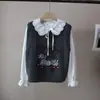 [Bizheng] Novo Conjunto de Duas Peças Outono/Inverno 2025 Estilo Coreano Camisa com Gola Boneca e Colete Tricotado com Letras de Desenho para Mulheres 5693