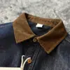 Camisa de mezclilla patchwork de color block retro americano, chaqueta de mezclilla azul de trabajo pesada de moda para hombre con bolsillo