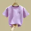2458# Camiseta de Manga Curta para Meninas Verão Novo Estilo Algodão para Crianças Grandes e Médias Camiseta Infantil de Meia Manga Top para Meninas