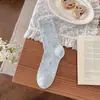 Calcetines florales de estilo japonés hasta la pantorrilla para mujer, de malla estilo coreano, absorbentes de sudor, transpirables, estilo ballet, con encaje, frescos y sencillos, calcetines apilados sin costuras