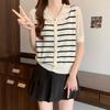 Verano Nuevo Cuello de Muñeca Encaje Puntadas Top Camisa Temperamento Viajero Combinable Ajustado Ajustado Manga Corta