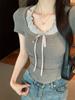 Camiseta de Verão Feminina Estilo Desejo Puro Peça Falsa Dupla Costura Orelha de Pau Gola Alta Manga Curta Cintura Apertada Slim Fit Top Plissado