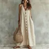 2026 Estación Independiente Transfronteriza de Verano Europea y Americana Nuevo Estilo para Mujer Color Sólido Botón Casual Moda Lino Sintético Vestido Largo