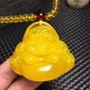 Colgante de Buda sonriente con cera de abejas ámbar de Jinpeli, aceite de pollo y miel amarilla, tallado en amarillo, collar de mujer, cadena de suéter.