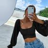 Primavera/Verano 2026 Nuevo Estilo Europeo y Americano Sexy y Elegante Anudado Ajustado Cuello Cuadrado Ultracorto Manga Larga Camisa Top de Mujer