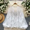 Blusa de gasa con volantes, cuello en V y mangas abullonadas estilo francés para mujer, top suelto y adelgazante, fino y elegante para otoño