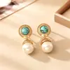 Pendientes Estilo Retro de Ojo de Tigre, Turquesa y Perlas con un Ambiente de Alta Gama, Moderno y Artístico, Accesorios Únicos Estilo Diosa