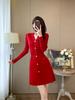 Vestido de Tricô Vermelho High-End Estilo Chanel 2026 Nova Moda de Nicho Roupas Femininas Vestido Slimming com Acinturamento Decote V