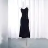 Vestido de Alça Estilo Francês Feminino Outono Veludo Cauda de Peixe Elegante Preto Lantejoula Vestido de Festa Vestido Moda Elegante