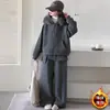 Conjunto Casual Espesso de Outono e Inverno para Meninas com Gola de Pelo Plush Removível Estilo Coreano Casaco para Crianças Médias e Grandes Calça com Suspensório Calça de Perna Larga