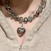Colar de Contas de Cristal Cinza Transparente Irregular Medieval Nicho Pingente Duplo de Coração Corrente para Clavícula