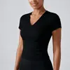 Top Esportivo Feminino de Verão com Decote V, Manga Curta, Ajuste Slim, Respirável, para Yoga, Pilates, Corrida, Treinamento Fitness, Secagem Rápida