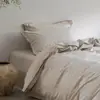 Estética de la Dinastía Song Clase A Juego de ropa de cama acolchada de algodón y lino estilo japonés con borde de volantes, ropa de cama de algodón lavado jacquard de color puro sin teñir