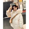 Abrigo de algodón plumón rosa, con capucha para invierno, engrosado, con cuello grande de pelo, de longitud media, para personas petite, chaqueta acolchada, abrigo de algodón, blanco lechoso