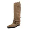 Botas de Pierna de Pantalón de Gamuza Botas de Montar para Mujer Otoño Invierno Nuevas Punta Cuadrada Tacón Medio Slip-on Botas Altas No Hasta la Rodilla Botas Largas para Mujer Botas Individuales