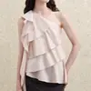 Top de Tencel con Volantes en Capas, Cinta y Hombro Asimétrico, Top de Volantes Único, En Stock