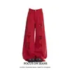 Jeans Rojos Americanos Retro Rotos para Mujer 2025 Verano Nuevo Sueltos Adelgazantes Pierna Ancha Largo Hasta el Piso