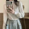 Camiseta Base de Punto Interior con Rayas en el Cuello Medio Alto para Mujer Otoño Simple Elegante Top de Manga Larga Suave Cera Suéter de Manga de Farol