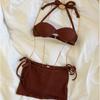 Novedad 2023 Traje de baño para mujer Bikini Retro Étnico Set de Tres Piezas Cubre Vientre Sexy para Pecho Pequeño Adelgazante Traje de Baño para Aguas Termales