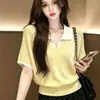 Estilo Novo Verão 2026 Gola Polo Blusa Tricô Color Block Falsa de Duas Peças para Mulheres, Caimento Solto, Camiseta Fina de Manga Curta, Camisa Morcego