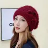 Gorro de lana feliz transfronterizo para mujer, invierno, engrosado, cálido, pullover, gorro de posparto, color liso, dulce, estudiante, gorro de punto