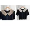 Chal de encaje con cuello de muñeca calado, blusa de mujer decorada con perlas, cuello postizo, sobrefalda estilo coreano