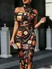 2026 Nuevo Modelo Estación Independiente Transfronterizo Retro Occidental Tótem Impresión 3D Vestido de Hombros Descubiertos para Mujer POD