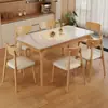 Mesa de comedor rectangular minimalista moderna nórdica de pizarra, madera maciza, color crema, apta para apartamentos pequeños, con sillas