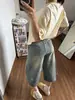 Shorts de mezclilla retro con estampado de estrellas para mujer, pantalones cortos de verano finos, holgados, de pierna ancha, petite, cropped, pantalones rectos de longitud media