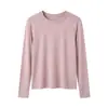 Nuevo top de camiseta de manga larga fino de lana y tencel, hombros rectos, cuello redondo, corte ajustado, para primavera y otoño