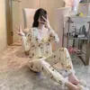 Pijama de mujer primavera nuevo manga larga cuello cuadrado dulce estilo princesa encaje acanalado Ropa de casa para mujer