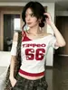 Camiseta corta de manga corta con bloques de color, estilo americano picante, de hombros descubiertos y cuello de corbata, imitación de dos piezas para mujer, top estampado ajustado dulce y fresco, primavera/verano