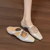 Sapatos sola grossa sandálias bico fechado mules slip-on CM vazado feminino bico quadrado strass couro macio aumento de altura pessoa preguiçosa