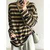 Camiseta de Manga Larga con Cuello Redondo y Rayas Retro para Mujer Otoño 2026 Nueva Holgada Adelgazante Bloque de Color Ropa Interior Camiseta