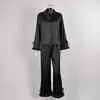 2026 exclusivo transfronterizo conjunto de dos piezas de ropa de casa europea y americana con cordones volantes manga larga pantalón largo pijamas de satén de seda helada para mujer