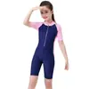 Traje de neopreno para niñas y niños de 4 a 16 años, traje de baño con protección solar para niñas y estudiantes, traje de baño de una pieza con bloques de color y manga corta para niños