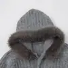 Suéter tejido cálido de punto estilo retro americano Magic Bear para otoño e invierno con cuello de piel, cárdigan con capucha, estilo casual, unisex