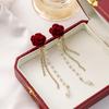 Pendientes de Terciopelo Rojo Vino Aguja de Plata 2026 para Mujer, Ambiente Elegante Moño Rosa Año Nuevo Festival de Primavera Pendientes Estilo Chino