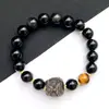 Design Original de Pulseira Leão de Obsidiana Prateada Finamente Esculpido Despertando com Contas de Olho de Tigre Amarelo e Obsidiana Arco-Íris para Homens e Mulheres