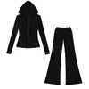 Moletom com Capuz e Zíper em Fleece Estilo Americano Jaqueta Slim-Fit + Calças Casuais Flare de Cintura Alta com Cordão Conjunto Esportivo