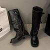 Botas Longas Franzesas de Salto Grosso Plataforma com Fivela de Cinto Franzidas 2025 Nova Doce Cool Picante Menina Botas Empilhadas Botas de Cavaleiro