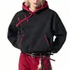 Sudadera con capucha de punto nueva de otoño e invierno estilo chino, con botones diagonales, colores contrastantes, corte holgado, diseño simple y un toque de moda moderna