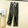 Calça de Perna Larga com Estampa de Tinta Feminina Verão Fina Guoxi Solta Emagrecimento Vertical Cintura Alta Casual Tie-Dye Reta