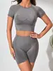 Conjunto de Roupas de Yoga Transfronteiriço para Mulheres, Conjunto de Duas Peças com Top de Manga Curta Sem Costura Justo e Shorts de Yoga de Cintura Alta com Efeito Levanta Bumbum e Afina a Barriga