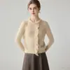 Elegante cardigã suéter de outono 100% caxemira pura para mulheres, gola redonda, com acabamento plissado, oferecendo um visual de tricô sofisticado e de caimento solto