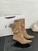 2026 Novas Botas Europeias e Americanas de Camurça Franzida Bico Fino com Cano Franzido Botas de Moda Salto Alto Fino Botas Skinny