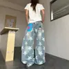 Jeans Reto com Estampa de Estrela Lavada Americano para Homens e Mulheres Largo de Perna Larga Design de Nicho Estilo de Rua Calça Longa Tendência