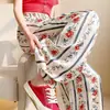 Calça de Pijama de Seda de Algodão para Mulheres, Estilo Fino para Primavera e Verão, Tamanho Grande, Caimento Solto, Calça de Perna Larga de Algodão Artificial, Pode Ser Usada Fora de Casa, Versátil, Cintura Alta, Leve