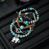 Pulsera para Hombre Temu Transfronteriza Nuevo Producto Estilo Bohemio Cordón Elástico con Cuentas de Madera Turquesa y Accesorios de Aleación